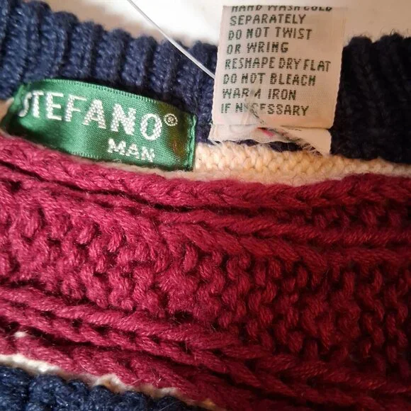 Vintage 90s Stefano Man Sweater L Blue Maroon Cable Knit V Neck Academia Preppy - Picture 7 of 14